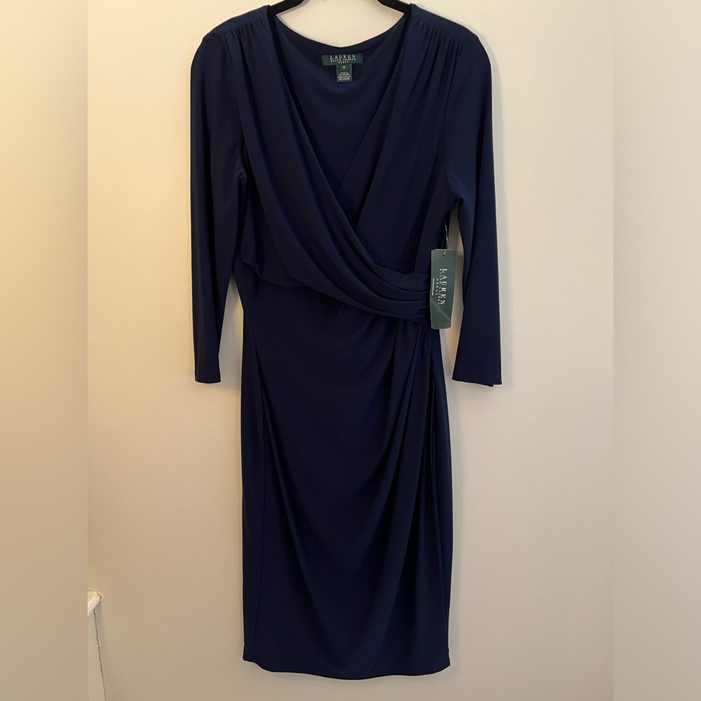 Lauren Ralph Lauren Navy Faux Wrap V Neck Dress Size 10 NWT